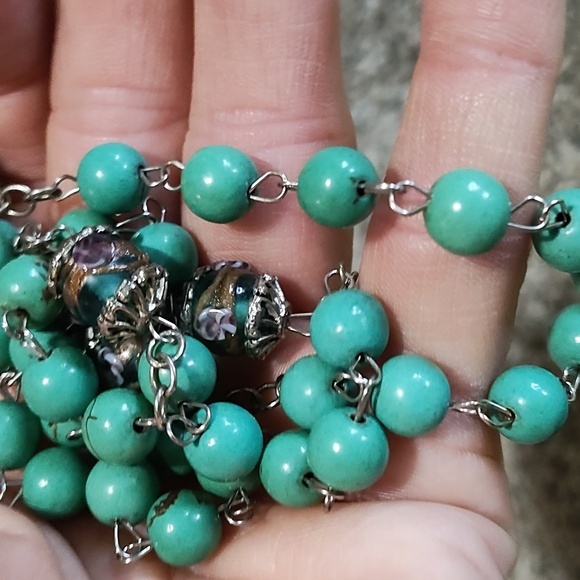 VINTAGE SILVER-TONE FAUX TURQUOISE 7MM BEADS/DECORATIVE BEADS 54" ROSARY - Picture 6 of 10